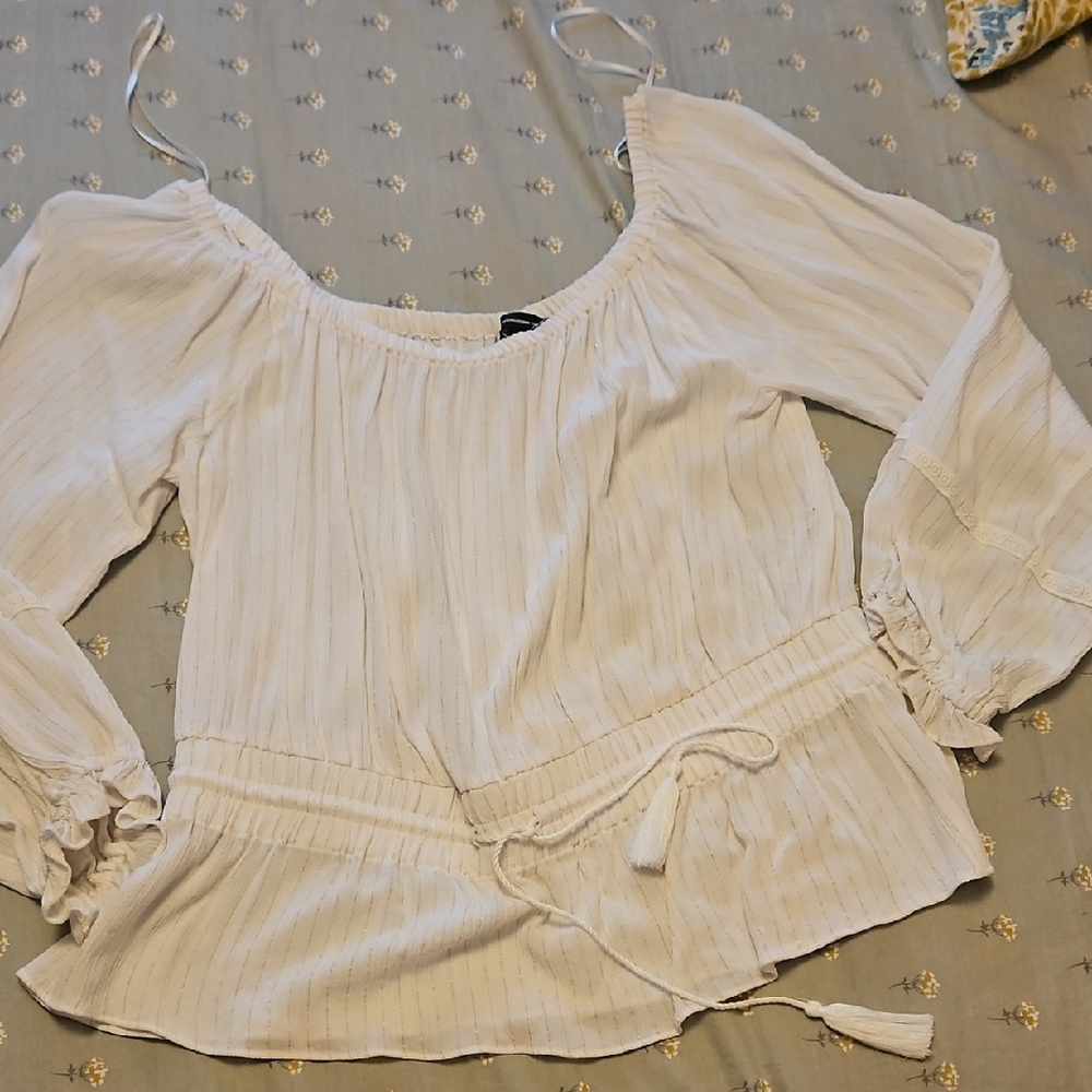 INC International Concepts White Smocked Tie Front Peplum Blouse